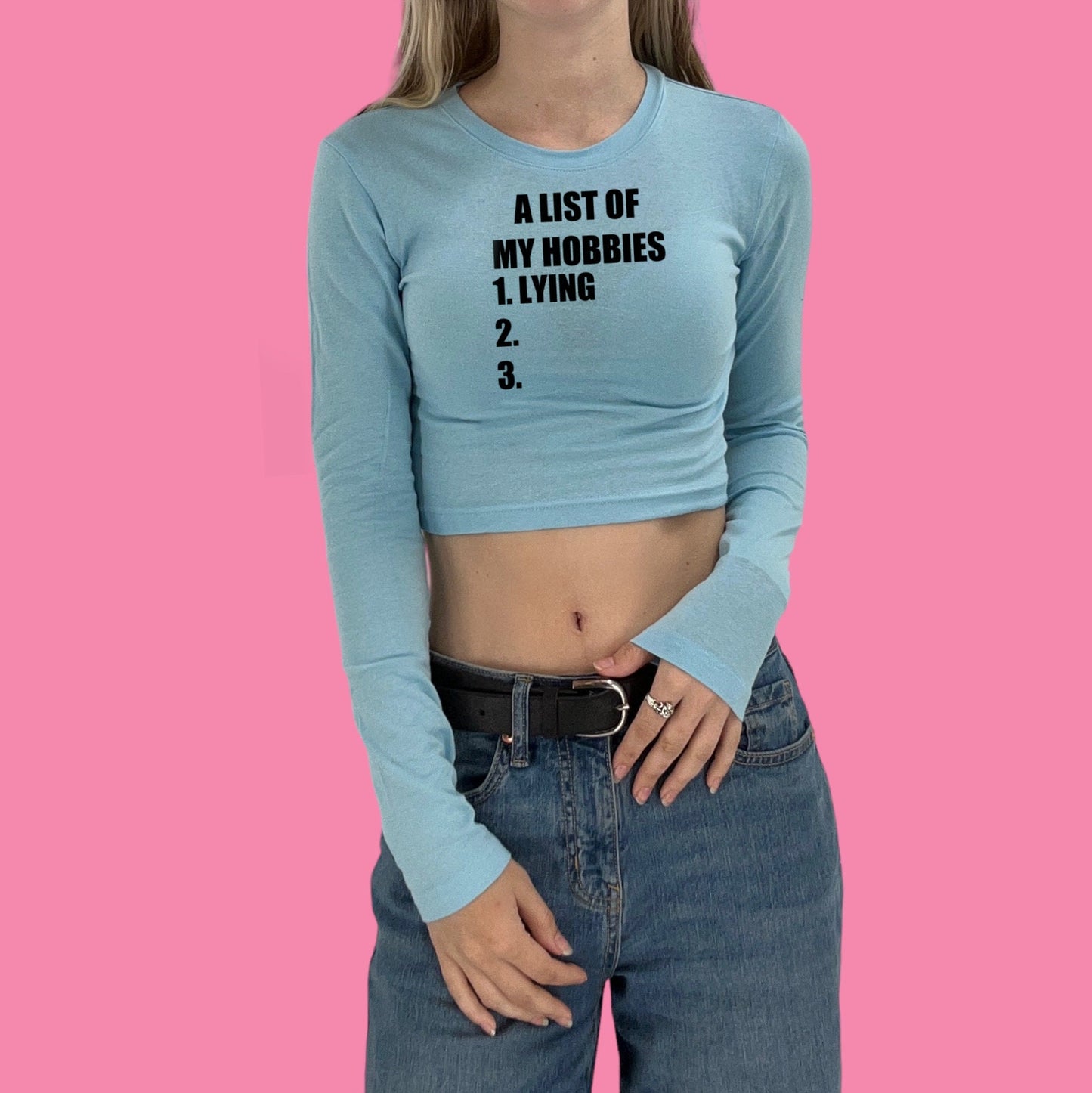 A List Of My Hobbies Lying Y2K Crop Top Baby Tee Long Sleeve