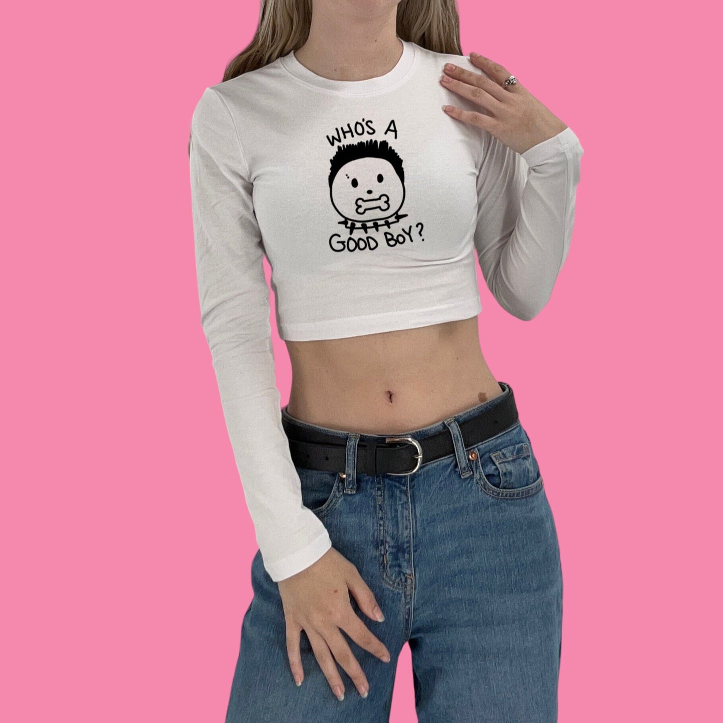 Who’s A Good Boy Y2K Crop Top Baby Tee Long Sleeve