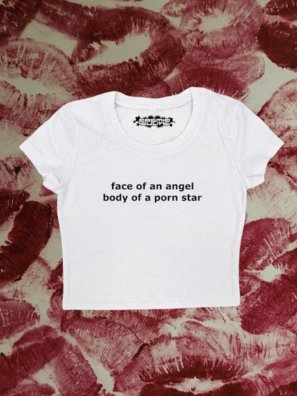 Face Of An Angel Body Of A Porn Star Coquette Clothing, Coquette Top, Y2k Baby Tee, Funny gift, Y2K Crop Top shirt